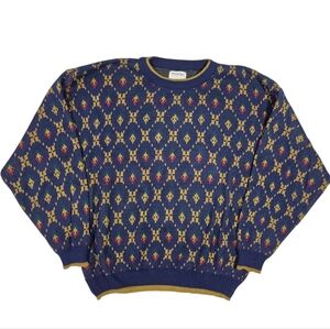 Vtg Windridge Pullover Sweater Acrylic Grandpa Geometric Old Money Blue Gold 2XL
